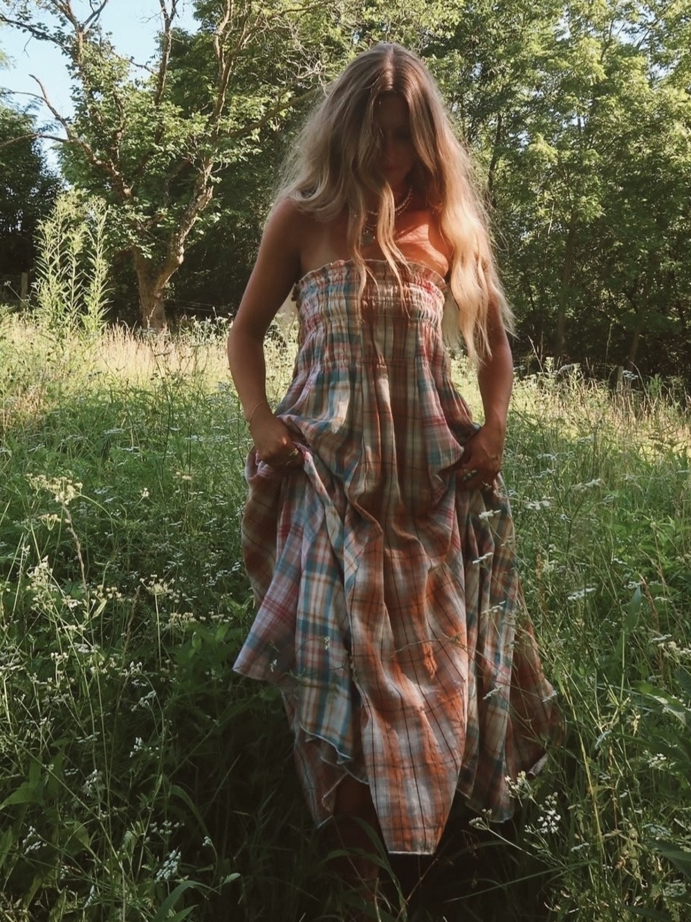 Oli & Hali Mineral Wash Patchwork Plaid Smock Convertible Midi Dress Maxi Skirt